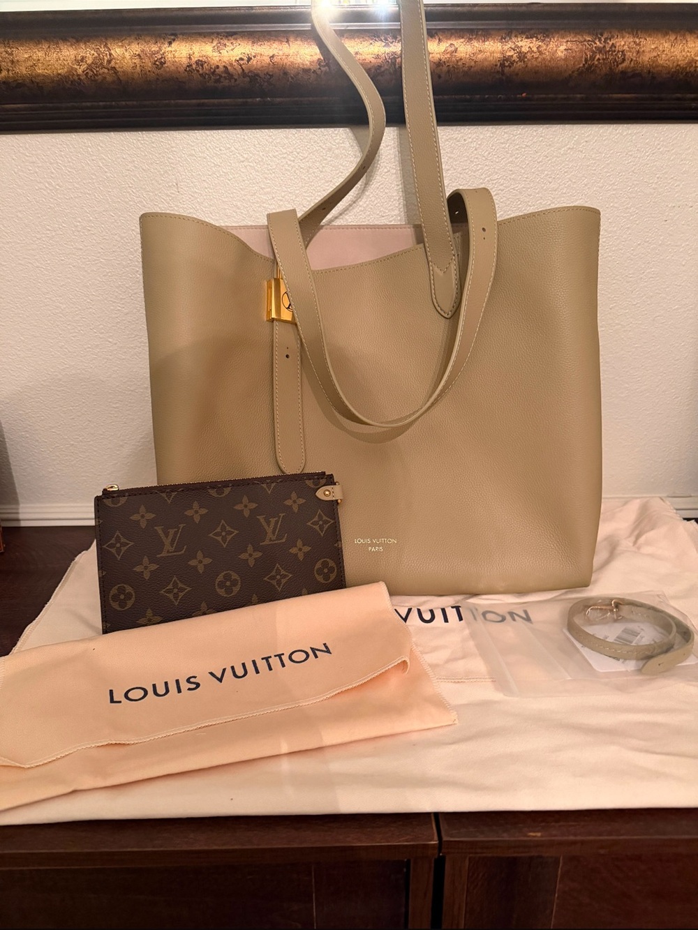 Louis Vuitton Greenish Leather Tote with Monogram Pouch, low key